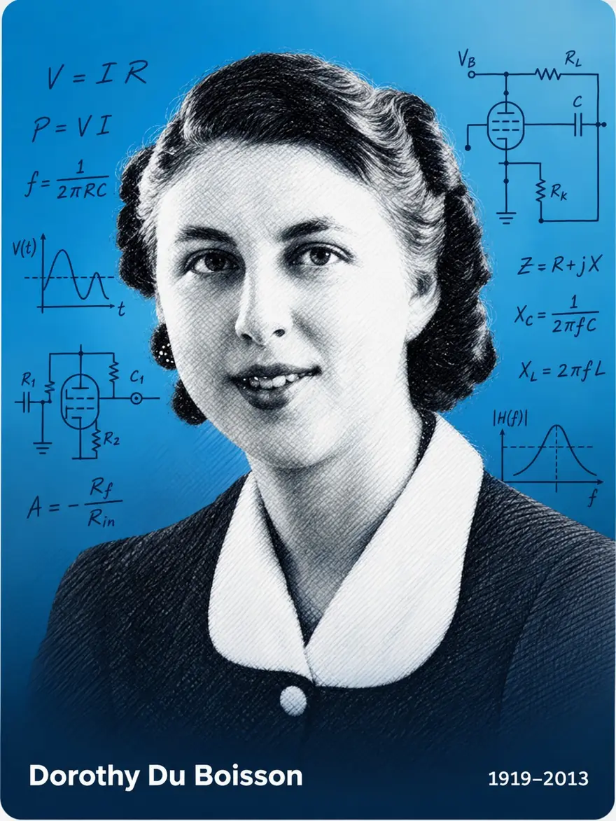 Retrato ilustrado de Dorothy Du Boisson sobre un fondo azul con fórmulas y circuitos de válvulas